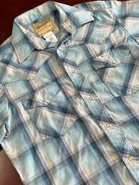 Mens Wrangler Western Cowboy Pearl Snap Plaid Short Sleeve Shirt (Medium)
